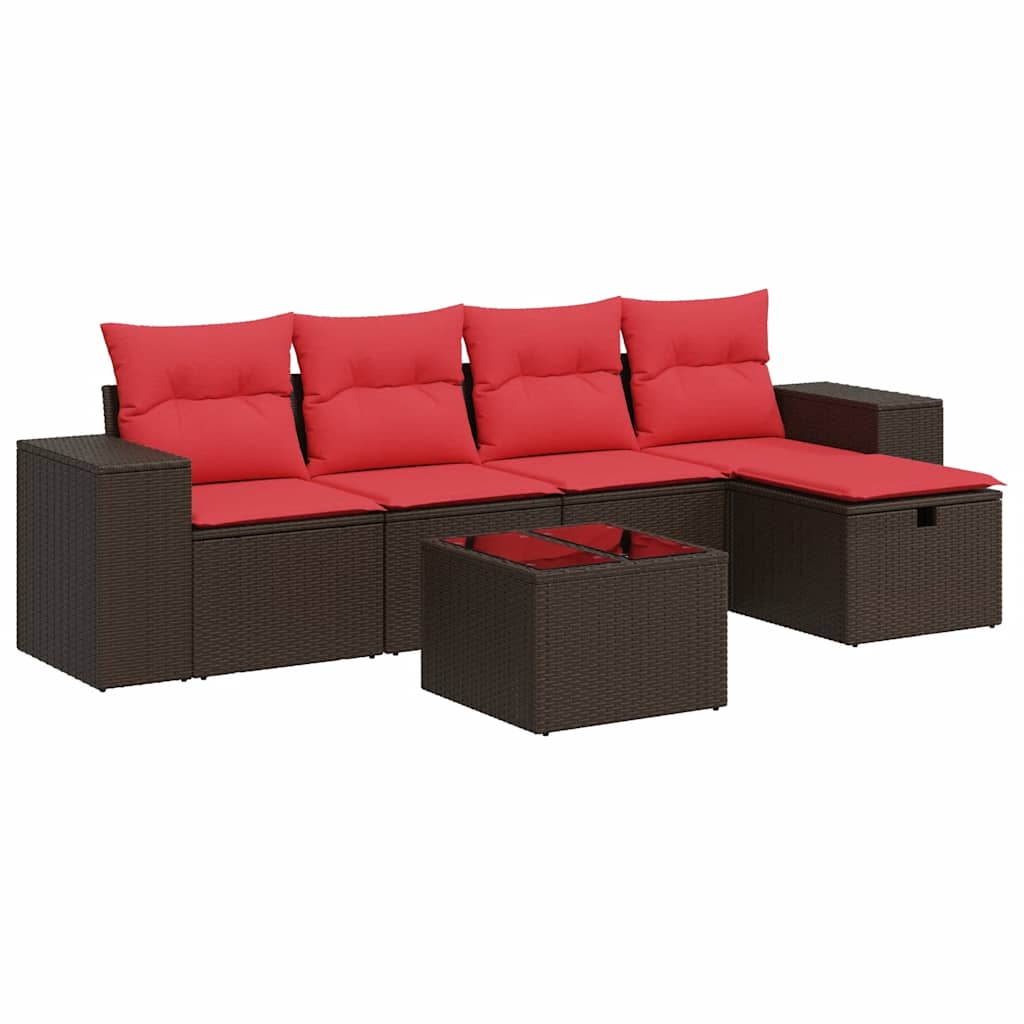 6-tlg. Garten-Sofagarnitur mit Kissen Braun Poly Rattan