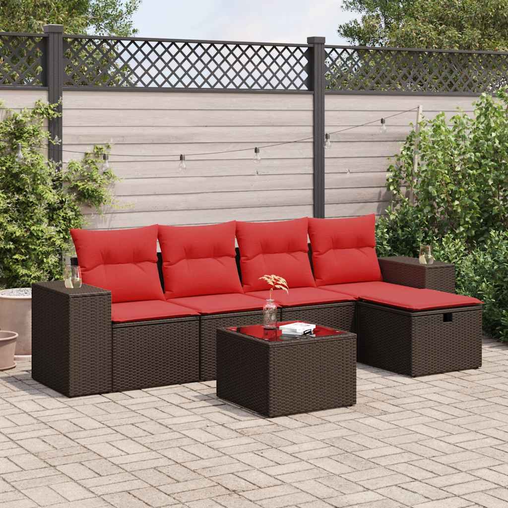 6-tlg. Garten-Sofagarnitur mit Kissen Braun Poly Rattan