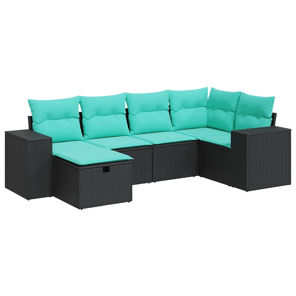 6-tlg. Garten-Sofagarnitur mit Kissen Schwarz Poly Rattan