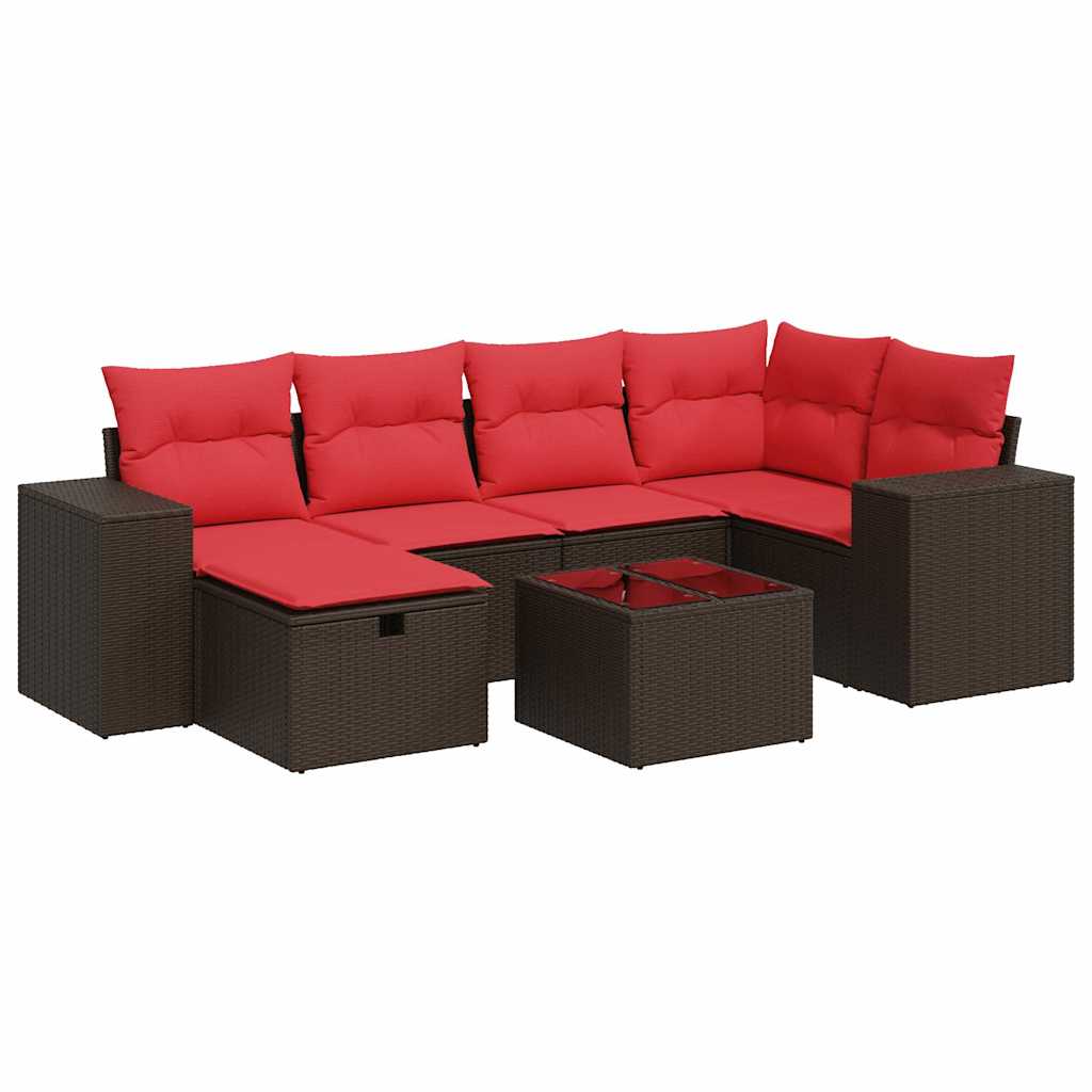 7-tlg. Garten-Sofagarnitur mit Kissen Braun Poly Rattan