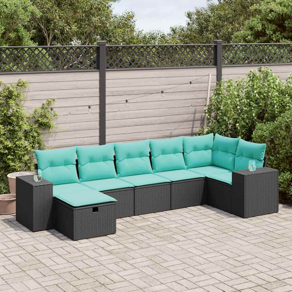 7-tlg. Garten-Sofagarnitur mit Kissen Schwarz Poly Rattan