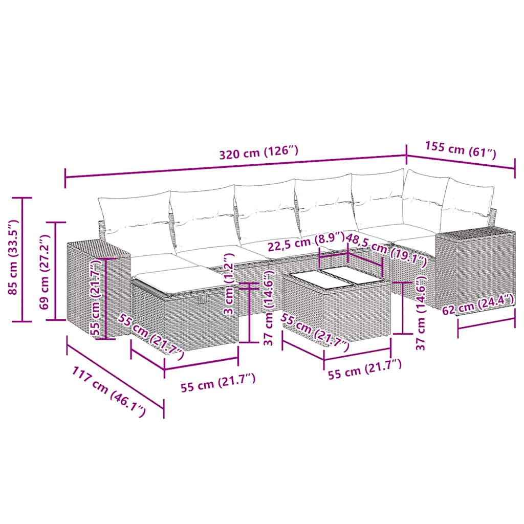8-tlg. Garten-Sofagarnitur mit Kissen Schwarz Poly Rattan