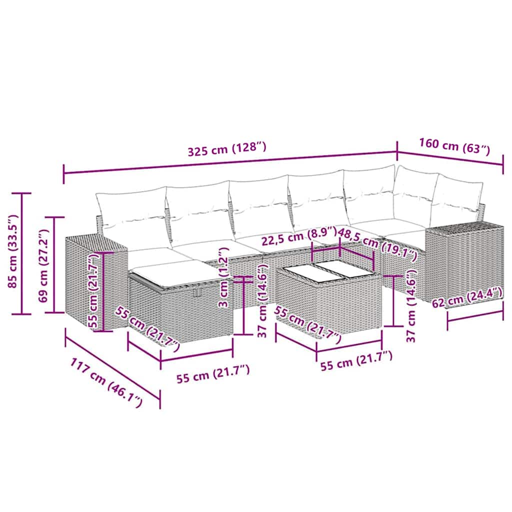 8-tlg. Garten-Sofagarnitur mit Kissen Braun Poly Rattan