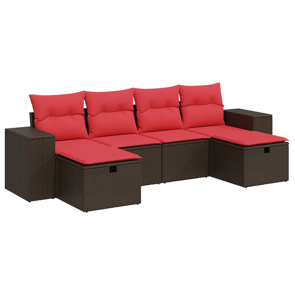 6-tlg. Garten-Sofagarnitur mit Kissen Braun Poly Rattan