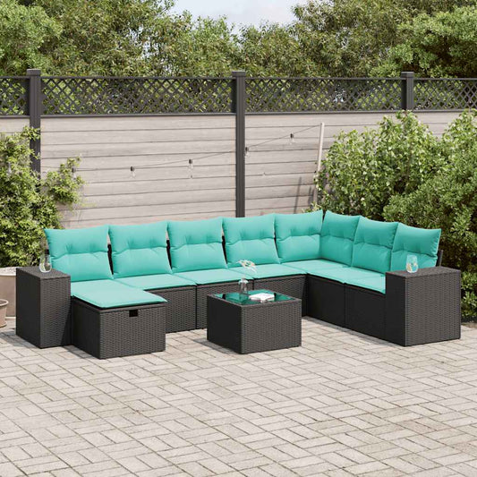 9-tlg. Garten-Sofagarnitur mit Kissen Schwarz Poly Rattan