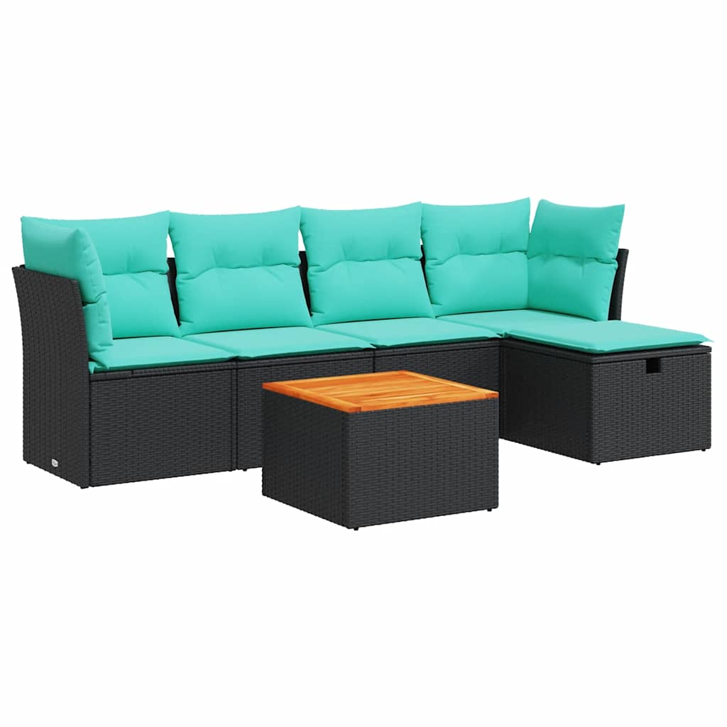 6-tlg. Garten-Sofagarnitur mit Kissen Schwarz Poly Rattan