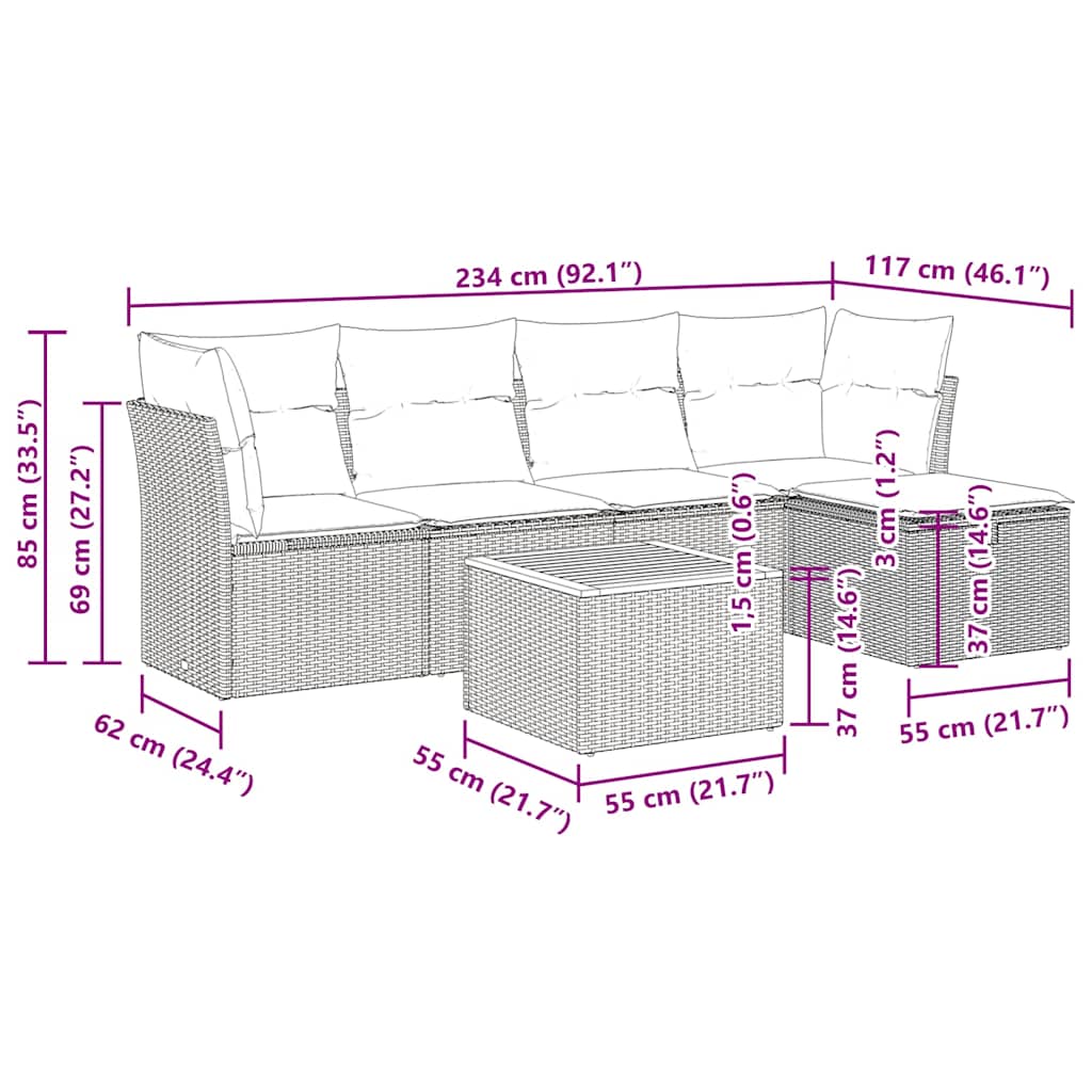 6-tlg. Garten-Sofagarnitur mit Kissen Beige Poly Rattan
