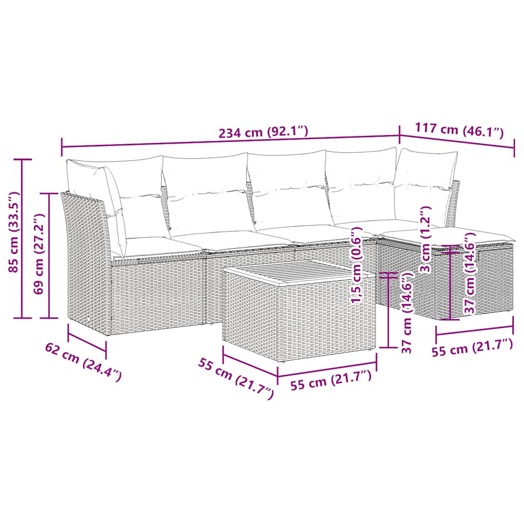 6-tlg. Garten-Sofagarnitur mit Kissen Beige Poly Rattan