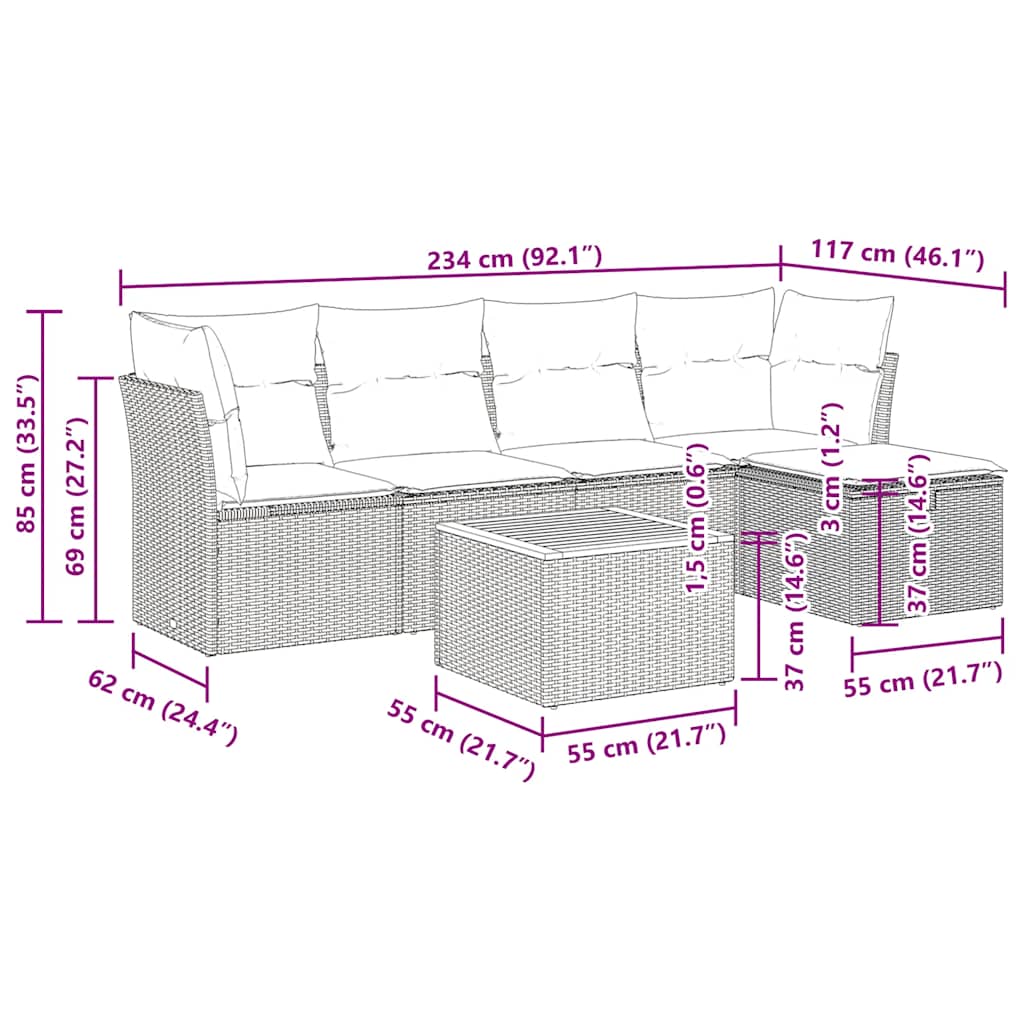 6-tlg. Garten-Sofagarnitur mit Kissen Grau Poly Rattan