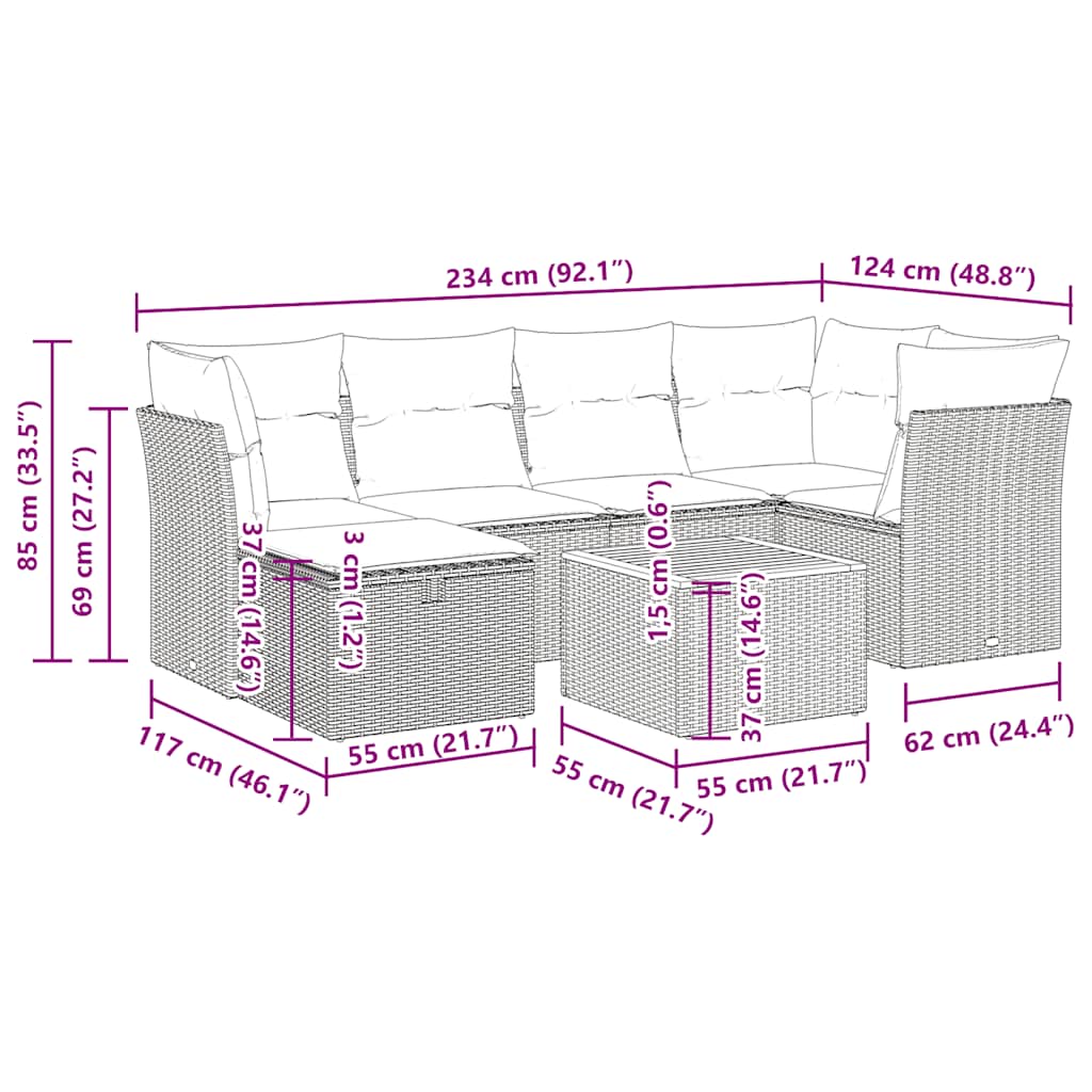 7-tlg. Garten-Sofagarnitur mit Kissen Beige Poly Rattan