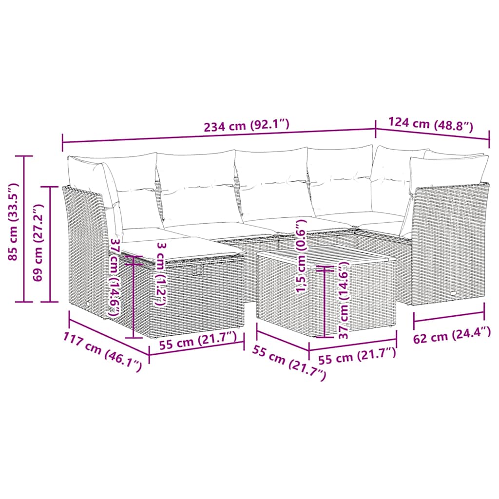 7-tlg. Garten-Sofagarnitur mit Kissen Grau Poly Rattan