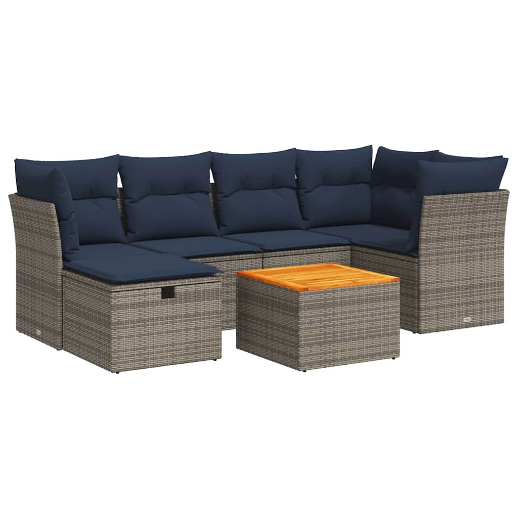 7-tlg. Garten-Sofagarnitur mit Kissen Grau Poly Rattan