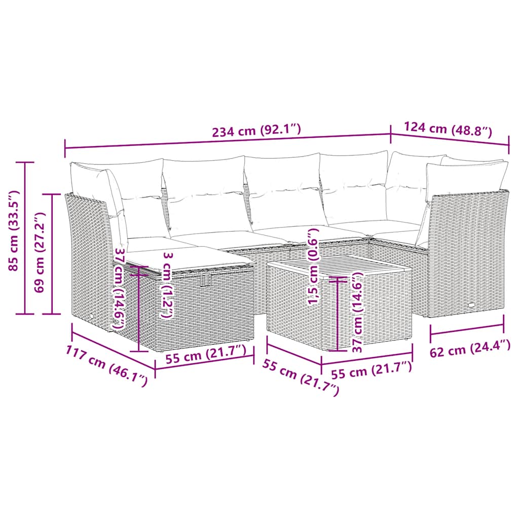 7-tlg. Garten-Sofagarnitur mit Kissen Grau Poly Rattan