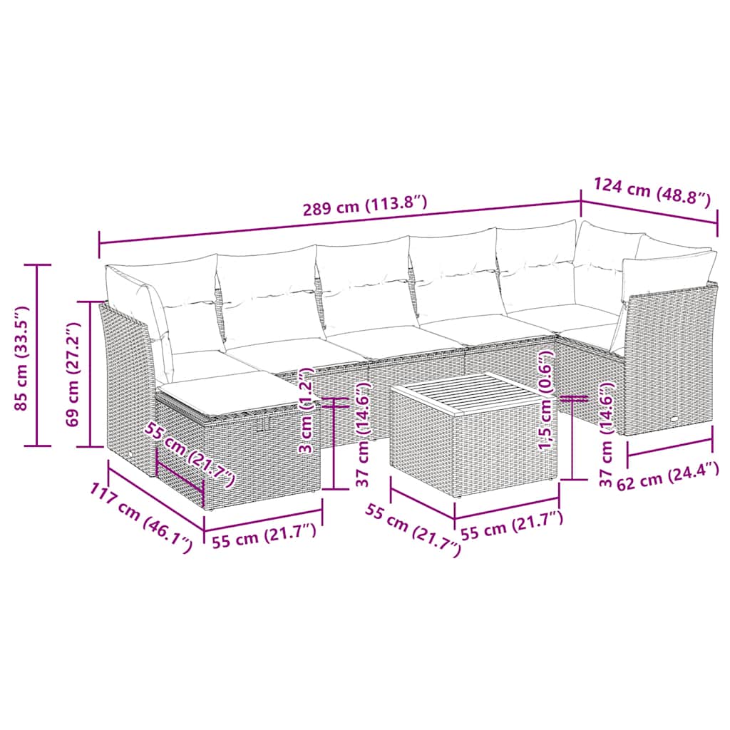 8-tlg. Garten-Sofagarnitur mit Kissen Schwarz Poly Rattan
