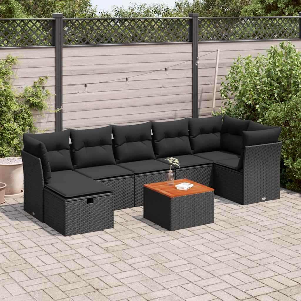 8-tlg. Garten-Sofagarnitur mit Kissen Schwarz Poly Rattan