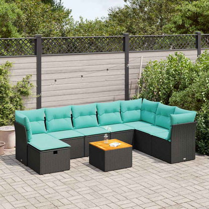 9-tlg. Garten-Sofagarnitur mit Kissen Schwarz Poly Rattan