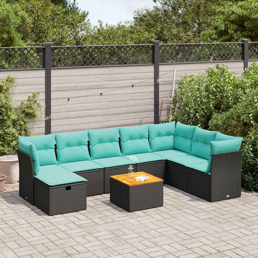 9-tlg. Garten-Sofagarnitur mit Kissen Schwarz Poly Rattan