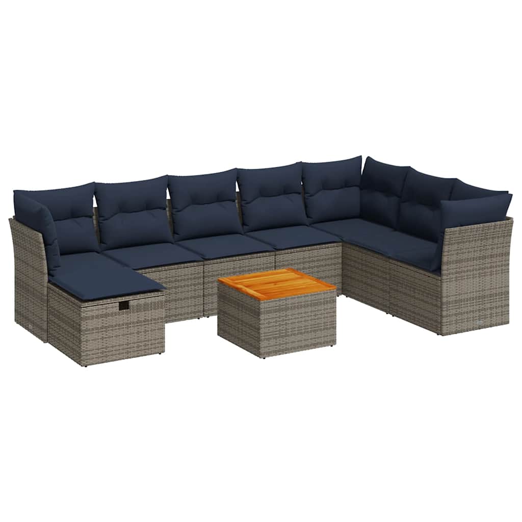 9-tlg. Garten-Sofagarnitur mit Kissen Grau Poly Rattan