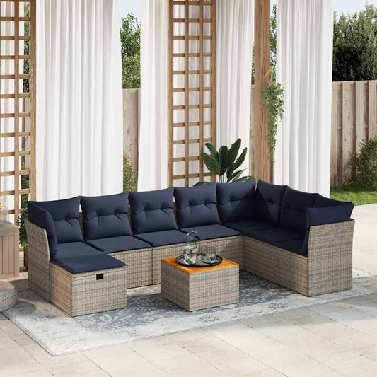 9-tlg. Garten-Sofagarnitur mit Kissen Grau Poly Rattan