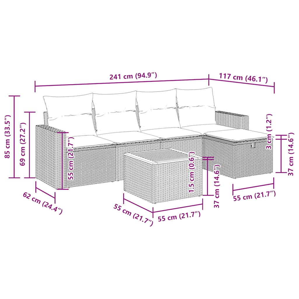 6-tlg. Garten-Sofagarnitur mit Kissen Schwarz Poly Rattan