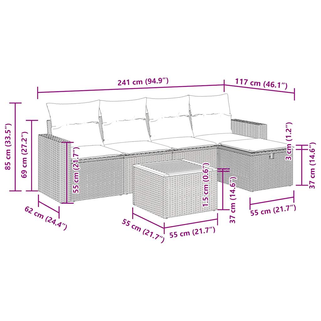 6-tlg. Garten-Sofagarnitur mit Kissen Beige Poly Rattan