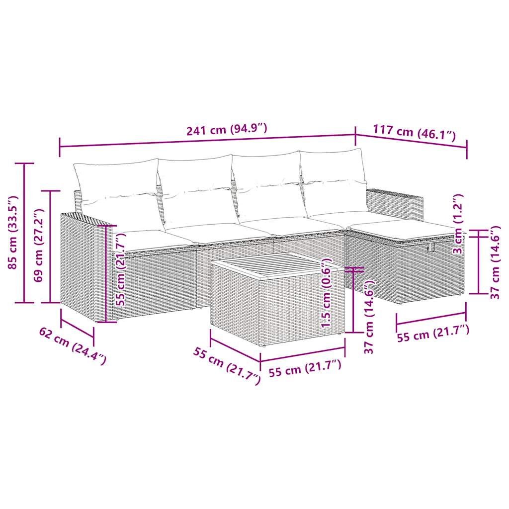 6-tlg. Garten-Sofagarnitur mit Kissen Beige Poly Rattan