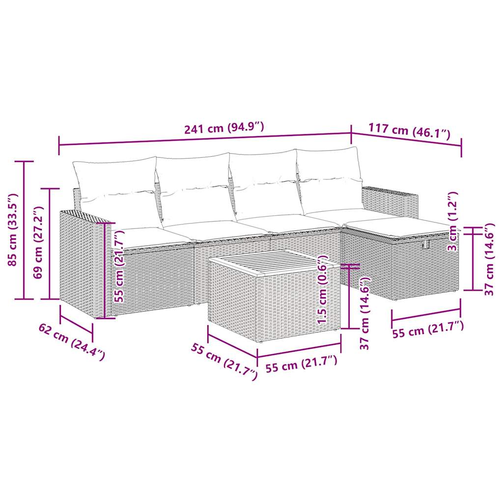 6-tlg. Garten-Sofagarnitur mit Kissen Grau Poly Rattan