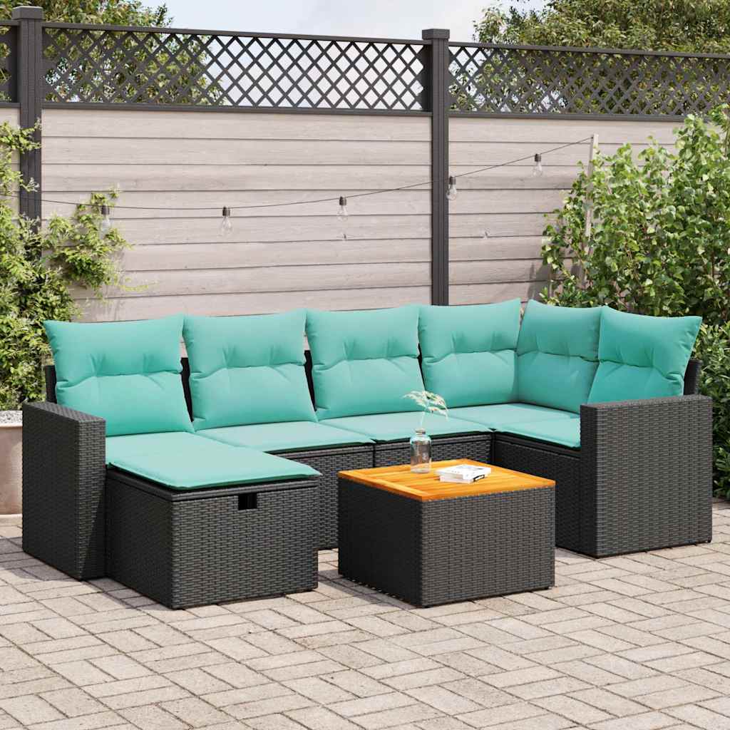 7-tlg. Garten-Sofagarnitur mit Kissen Schwarz Poly Rattan