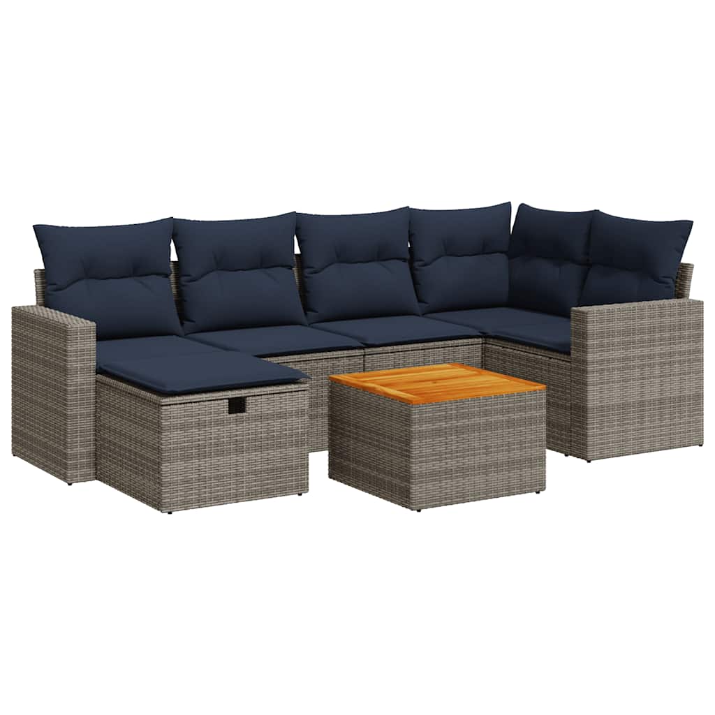 7-tlg. Garten-Sofagarnitur mit Kissen Grau Poly Rattan