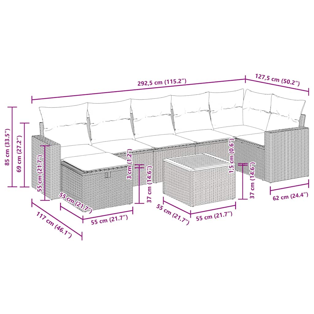 8-tlg. Garten-Sofagarnitur mit Kissen Schwarz Poly Rattan