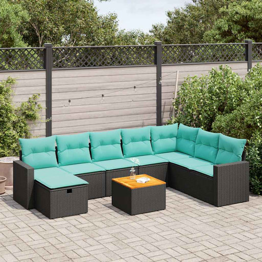 9-tlg. Garten-Sofagarnitur mit Kissen Schwarz Poly Rattan