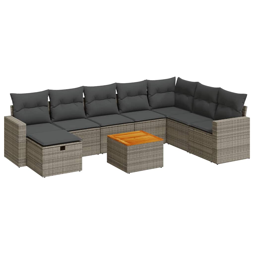 9-tlg. Garten-Sofagarnitur mit Kissen Grau Poly Rattan