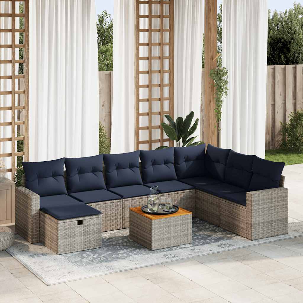 9-tlg. Garten-Sofagarnitur mit Kissen Grau Poly Rattan