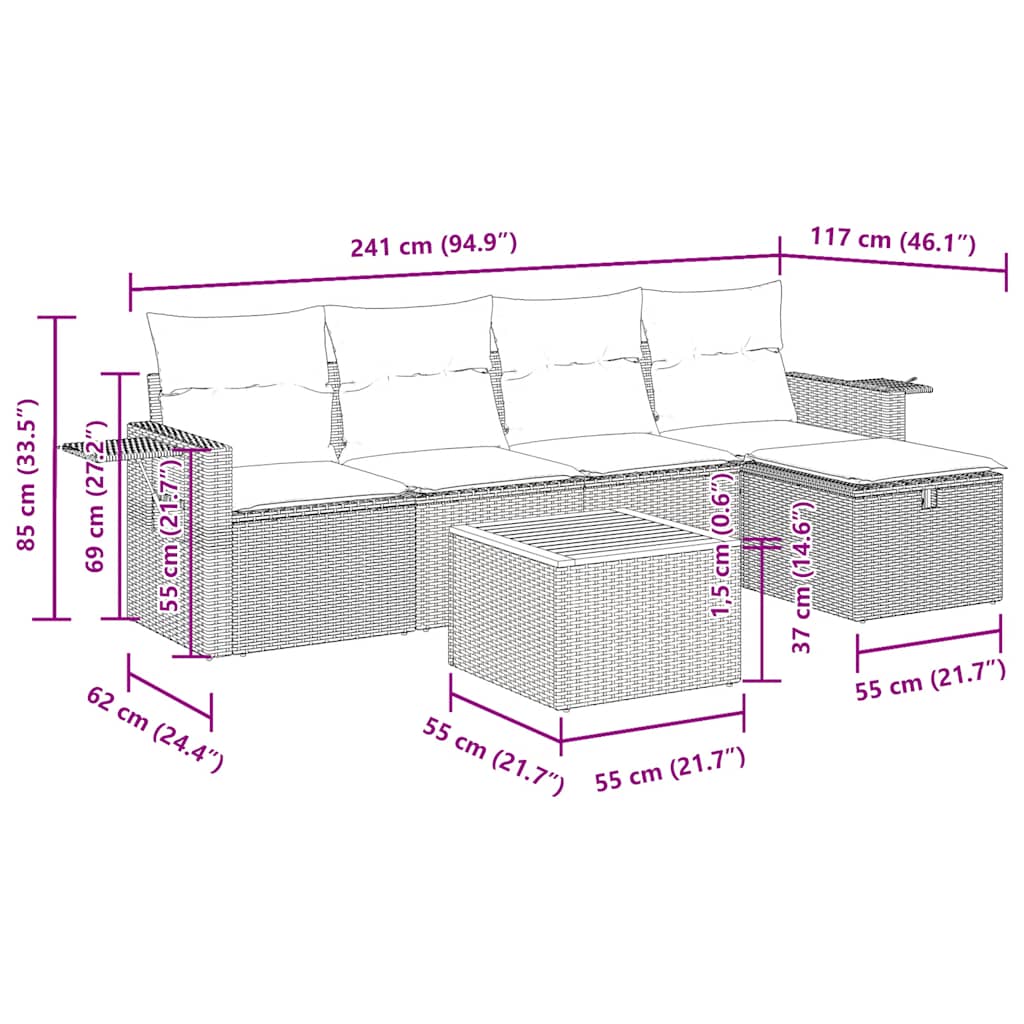 6-tlg. Garten-Sofagarnitur mit Kissen Schwarz Poly Rattan