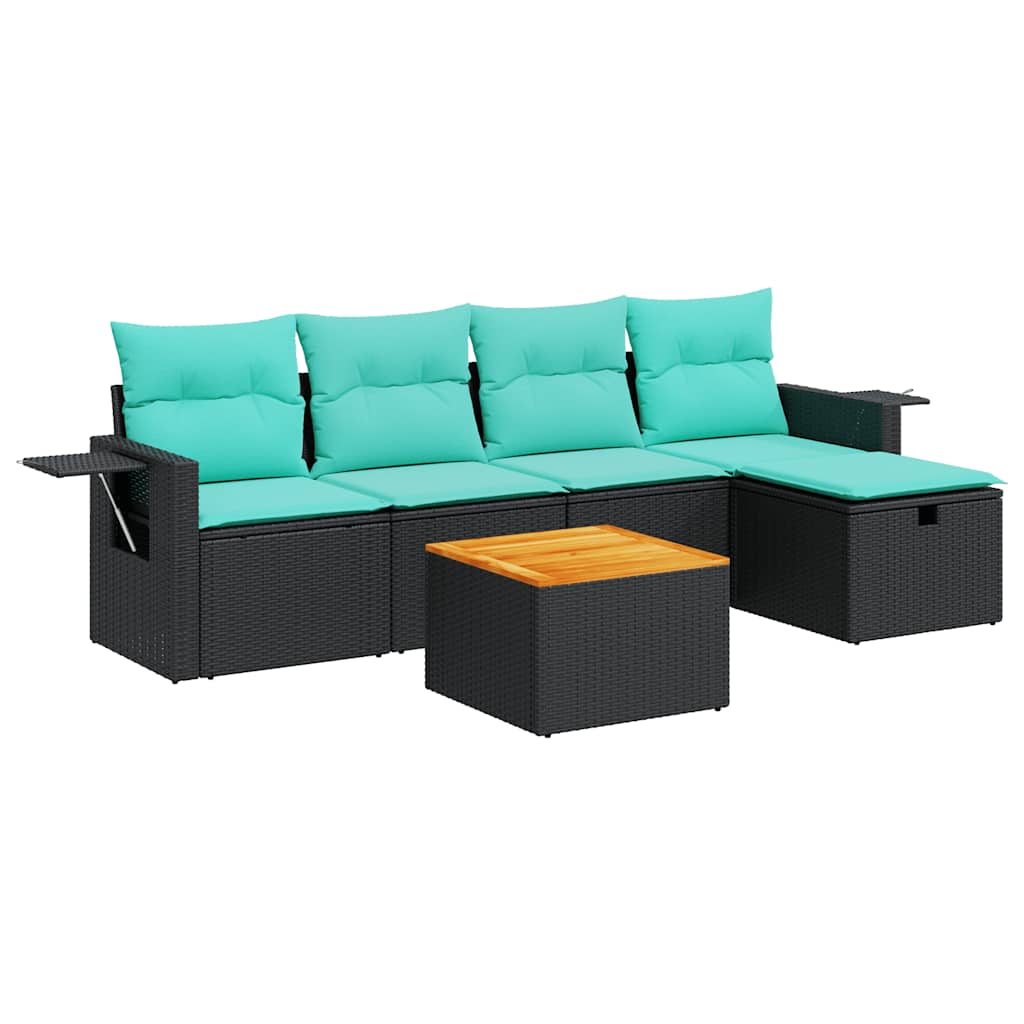6-tlg. Garten-Sofagarnitur mit Kissen Schwarz Poly Rattan