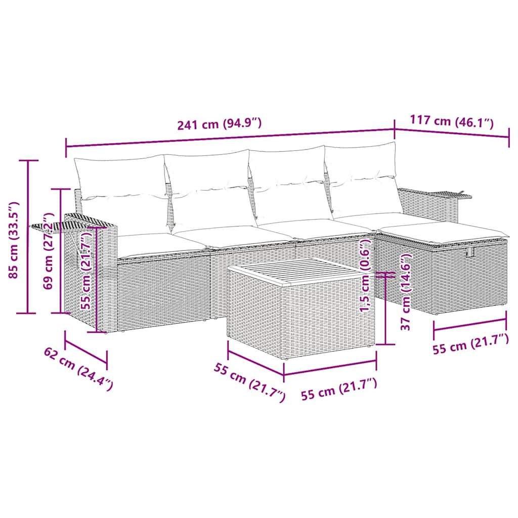 6-tlg. Garten-Sofagarnitur mit Kissen Schwarz Poly Rattan