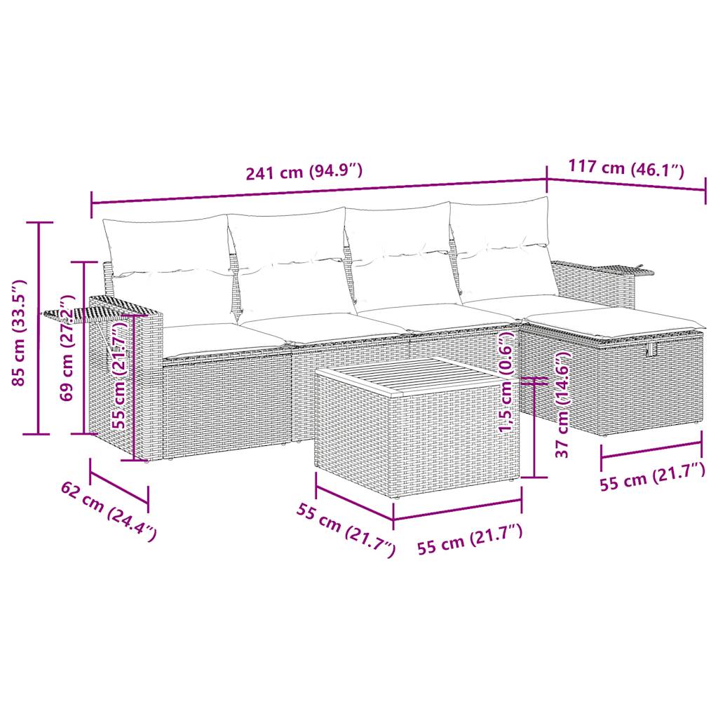 6-tlg. Garten-Sofagarnitur mit Kissen Beige Poly Rattan