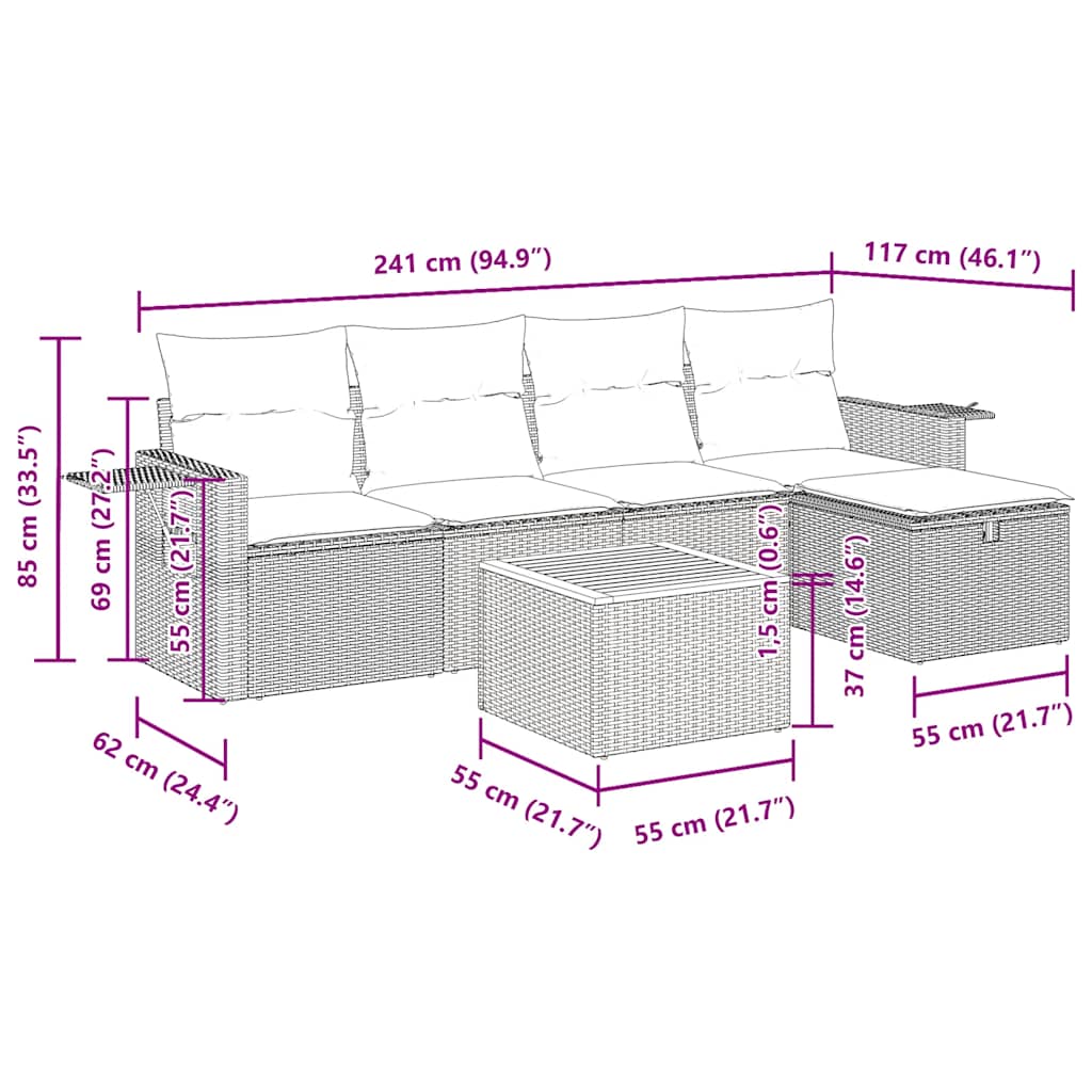 6-tlg. Garten-Sofagarnitur mit Kissen Beige Poly Rattan