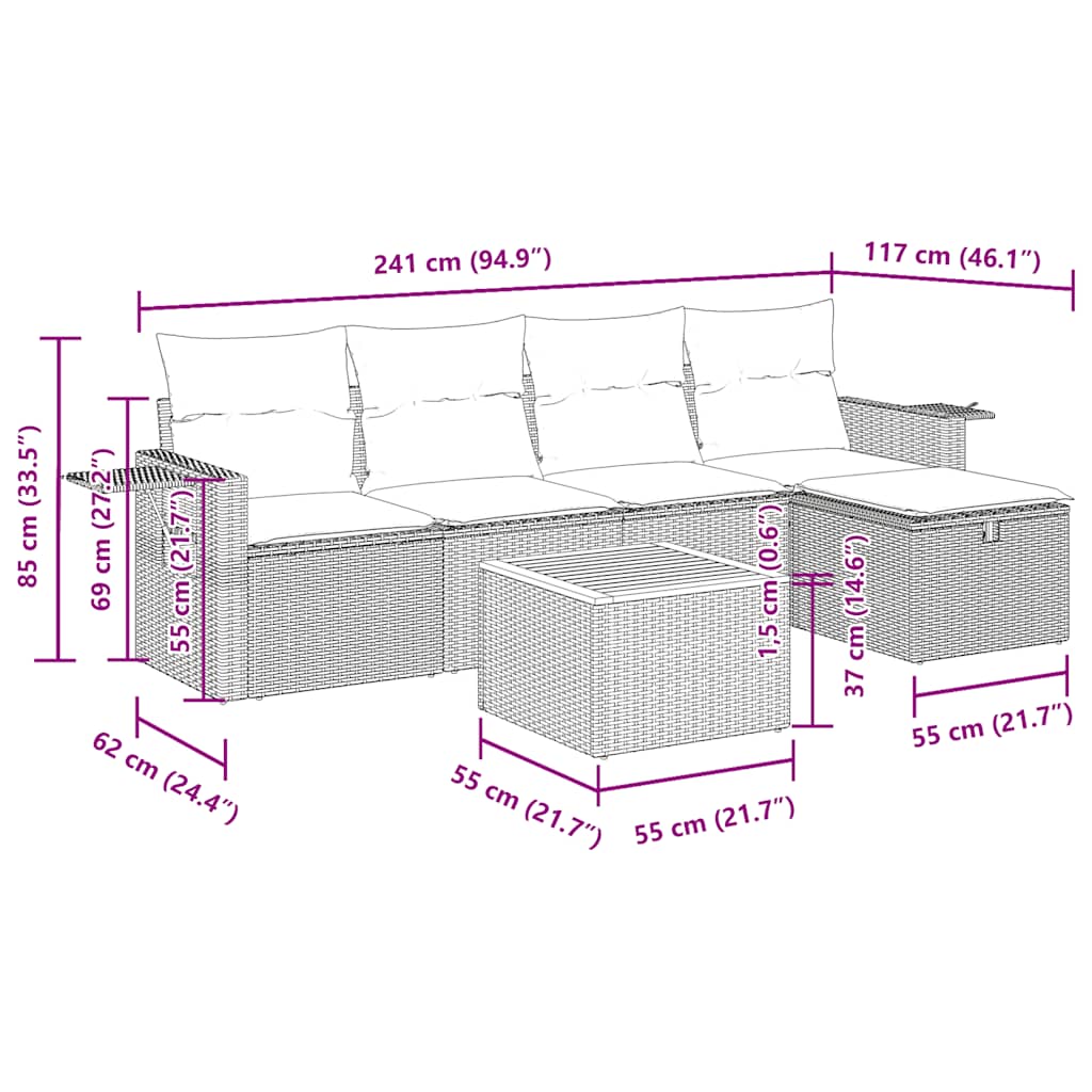 6-tlg. Garten-Sofagarnitur mit Kissen Grau Poly Rattan