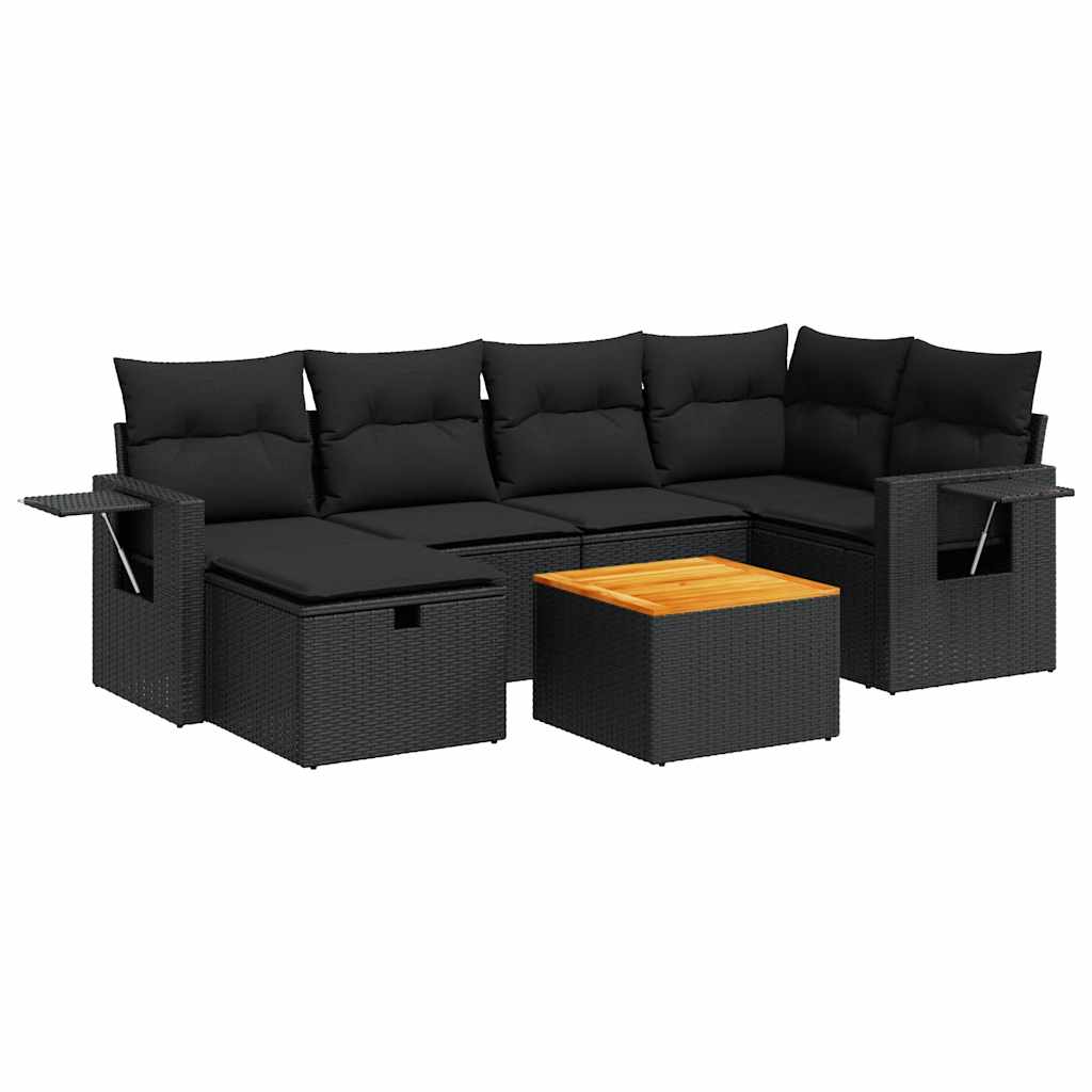 7-tlg. Garten-Sofagarnitur mit Kissen Schwarz Poly Rattan