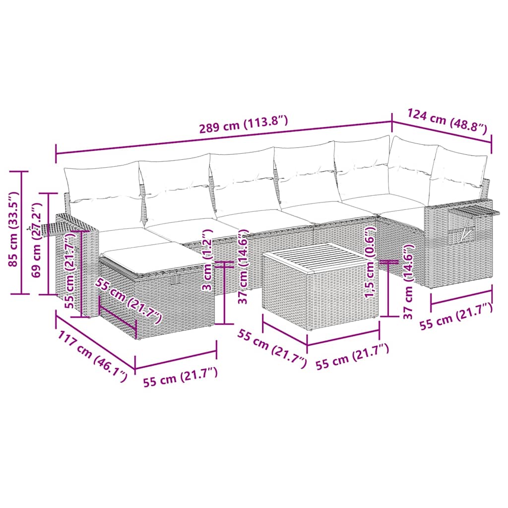 8-tlg. Garten-Sofagarnitur mit Kissen Grau Poly Rattan