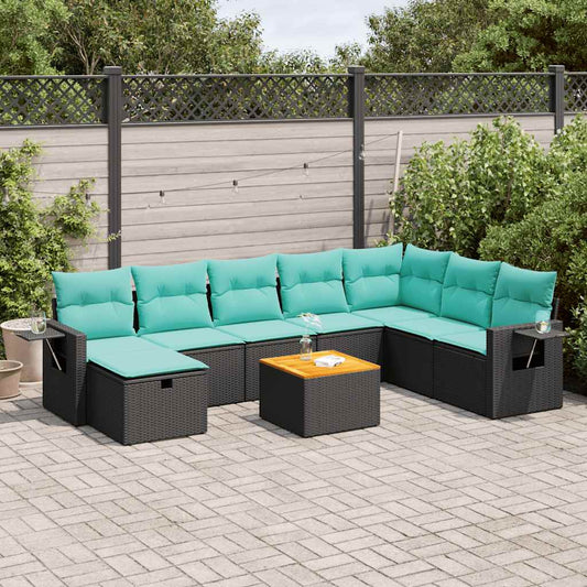9-tlg. Garten-Sofagarnitur mit Kissen Schwarz Poly Rattan