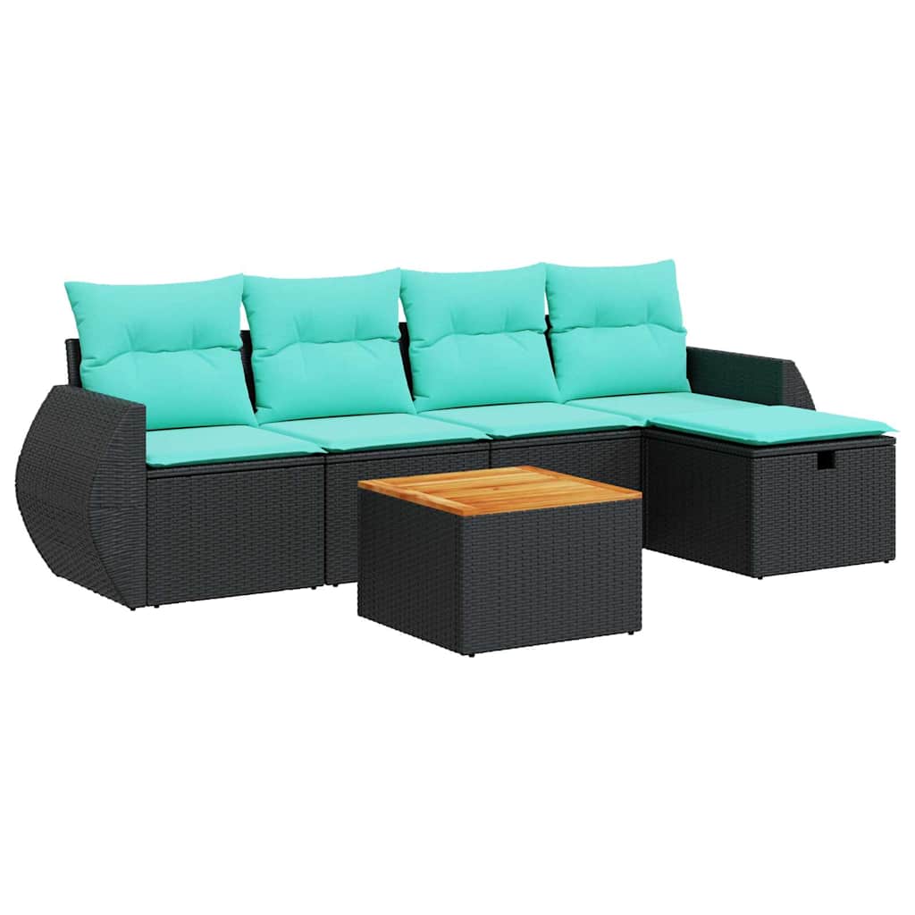 6-tlg. Garten-Sofagarnitur mit Kissen Schwarz Poly Rattan