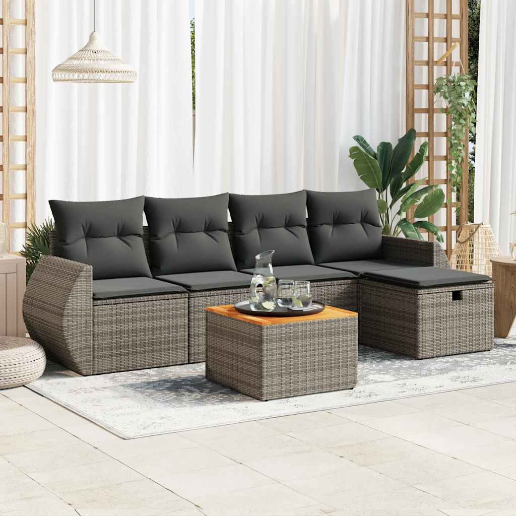 6-tlg. Garten-Sofagarnitur mit Kissen Grau Poly Rattan