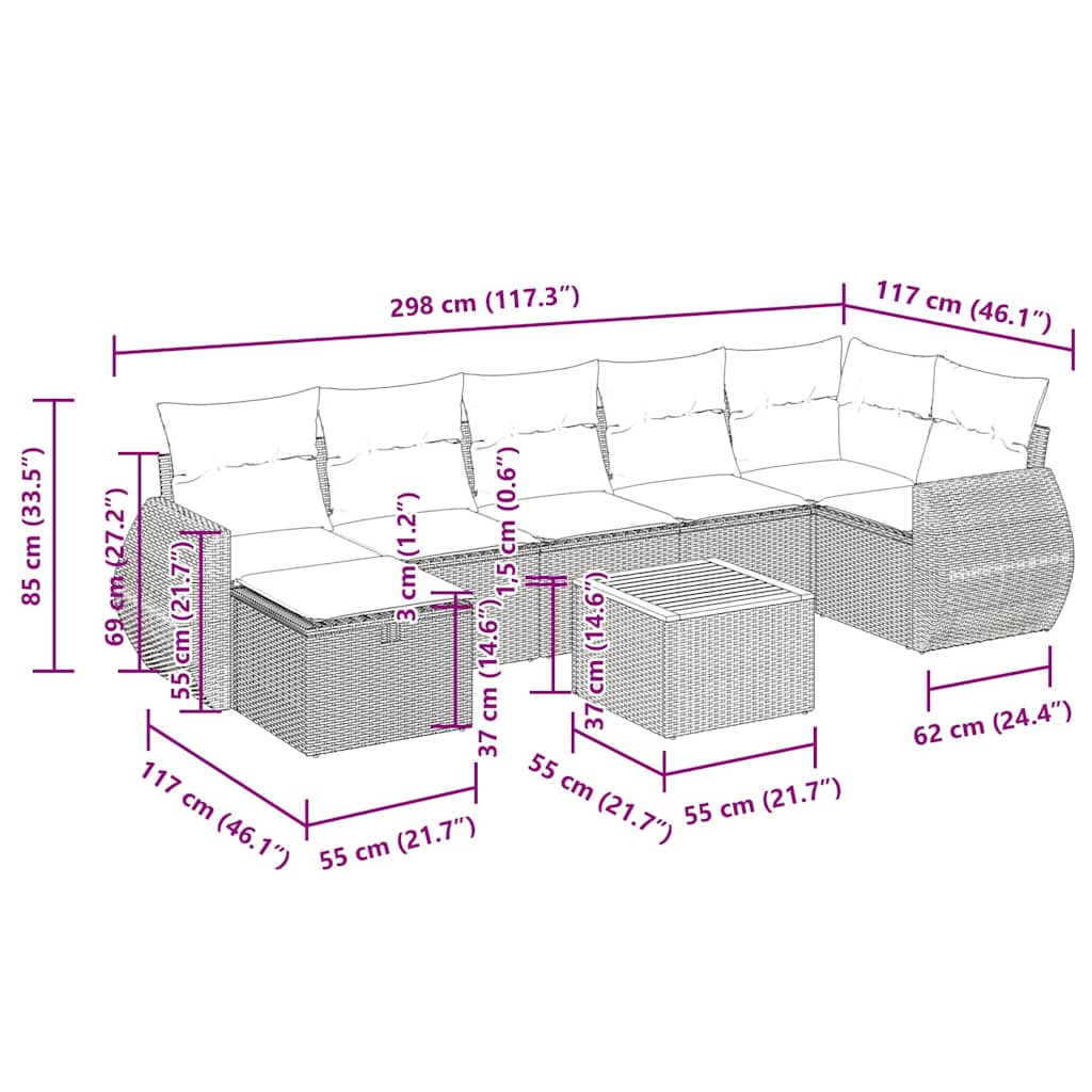 8-tlg. Garten-Sofagarnitur mit Kissen Grau Poly Rattan