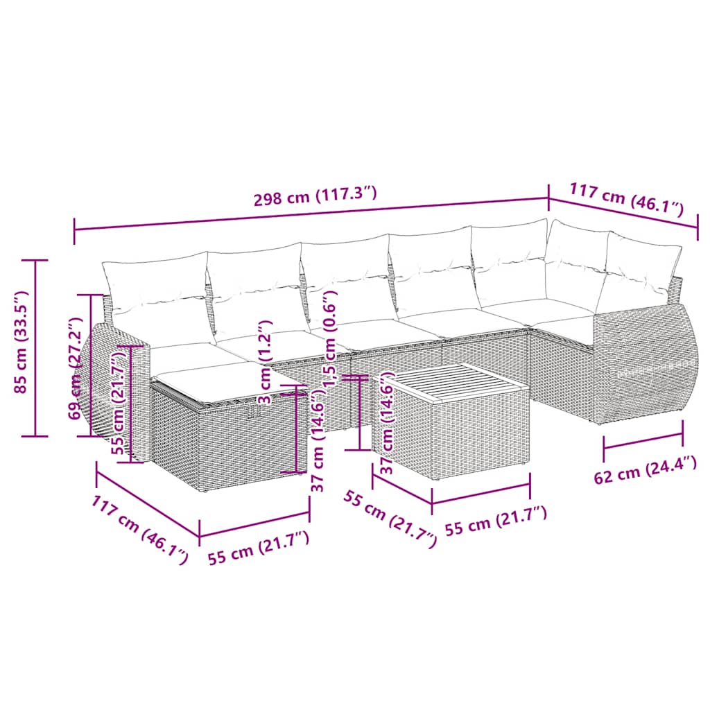 8-tlg. Garten-Sofagarnitur mit Kissen Grau Poly Rattan