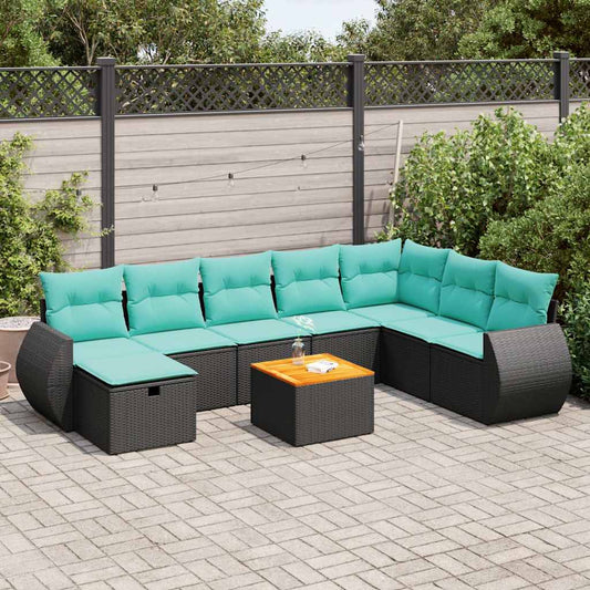 9-tlg. Garten-Sofagarnitur mit Kissen Schwarz Poly Rattan