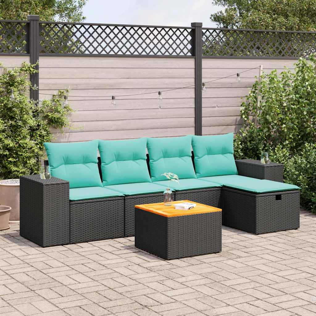 6-tlg. Garten-Sofagarnitur mit Kissen Schwarz Poly Rattan