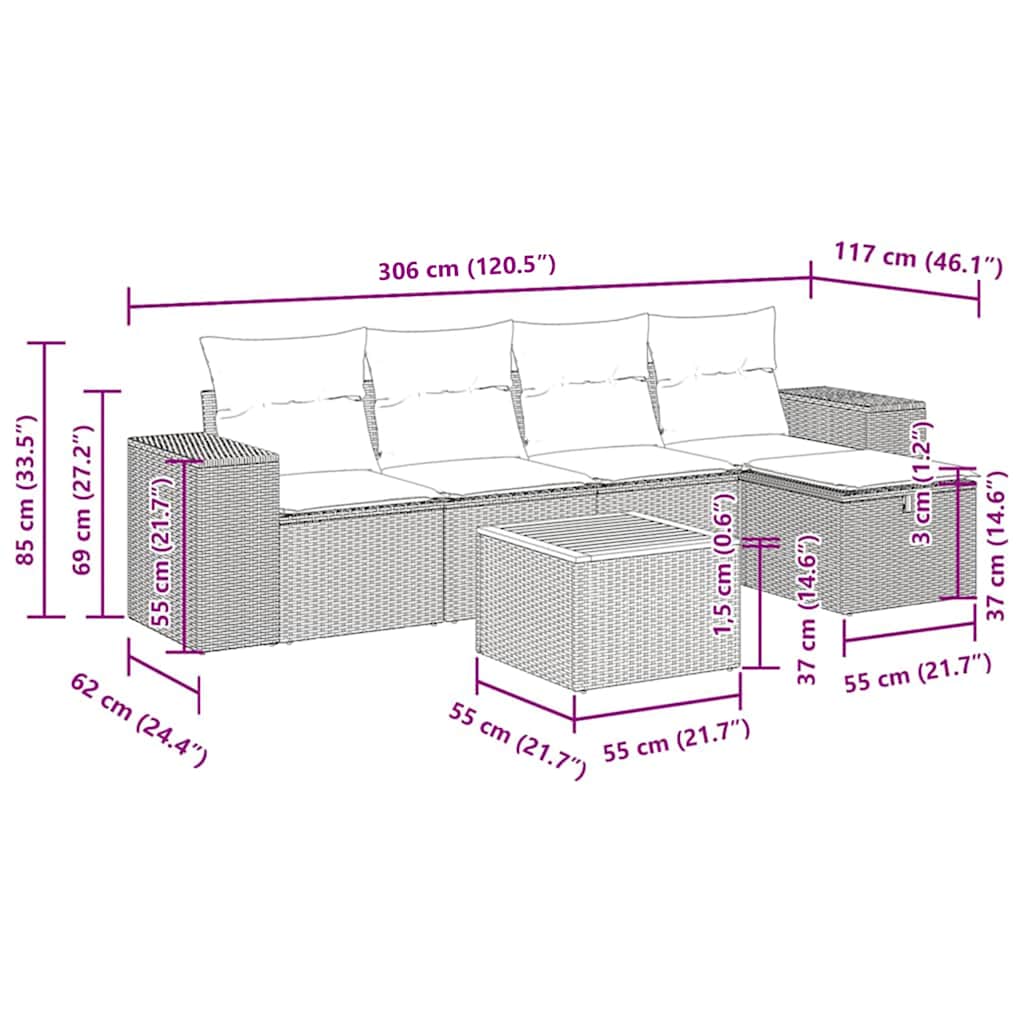 6-tlg. Garten-Sofagarnitur mit Kissen Grau Poly Rattan
