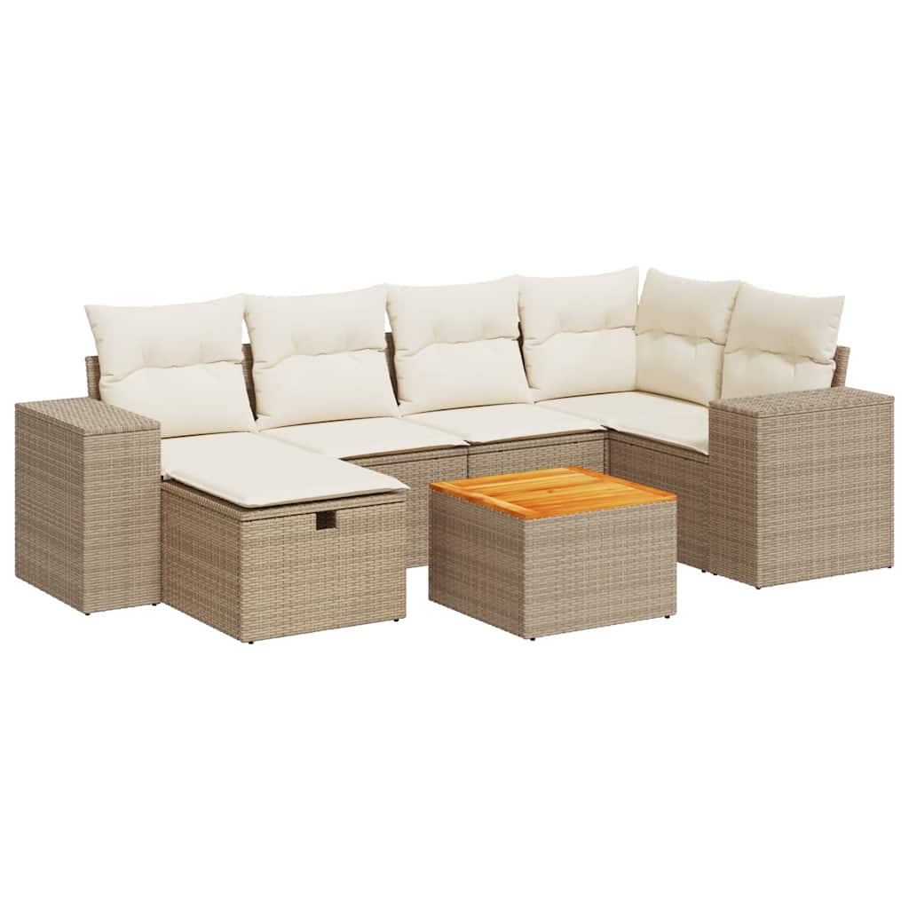 7-tlg. Garten-Sofagarnitur mit Kissen Beige Poly Rattan